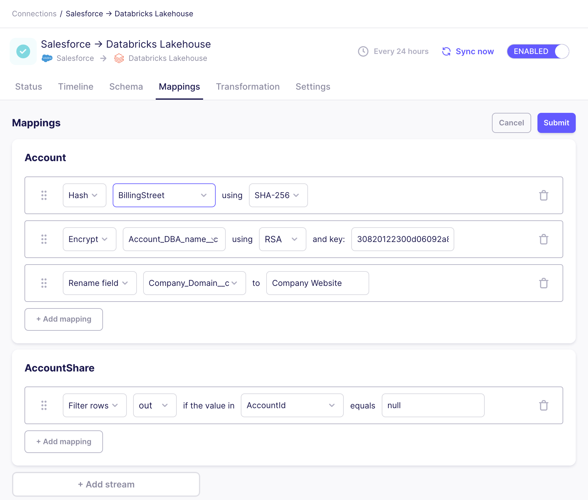Screenshot of mappings feature showing several streams with mappings applied